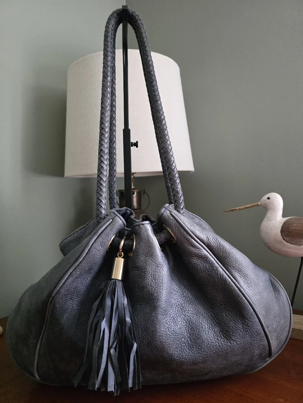Michael Kors Large Slouchy Hobo Bag Slate Blue Pebbled Leather Braided Tassel